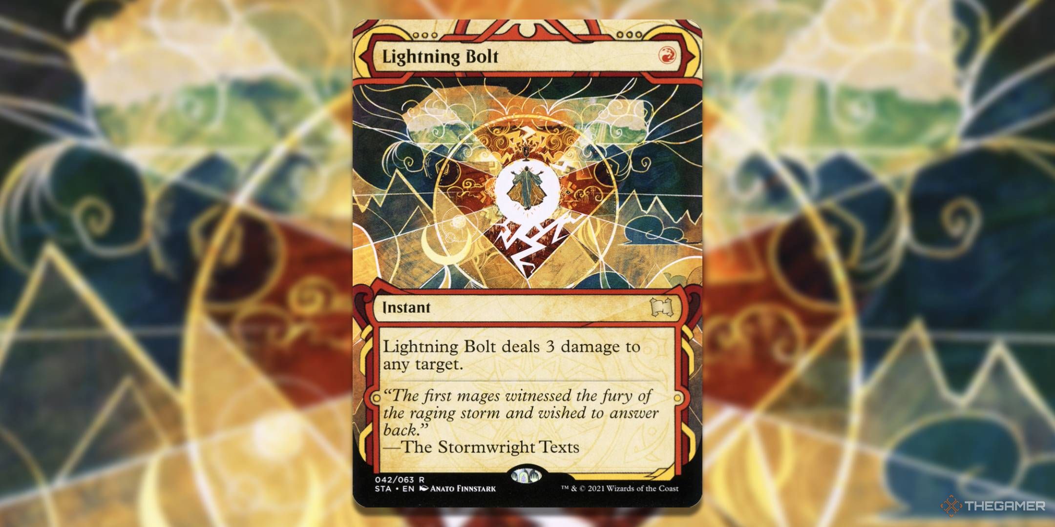 MTG Lightning Bolt card with the art in the background.