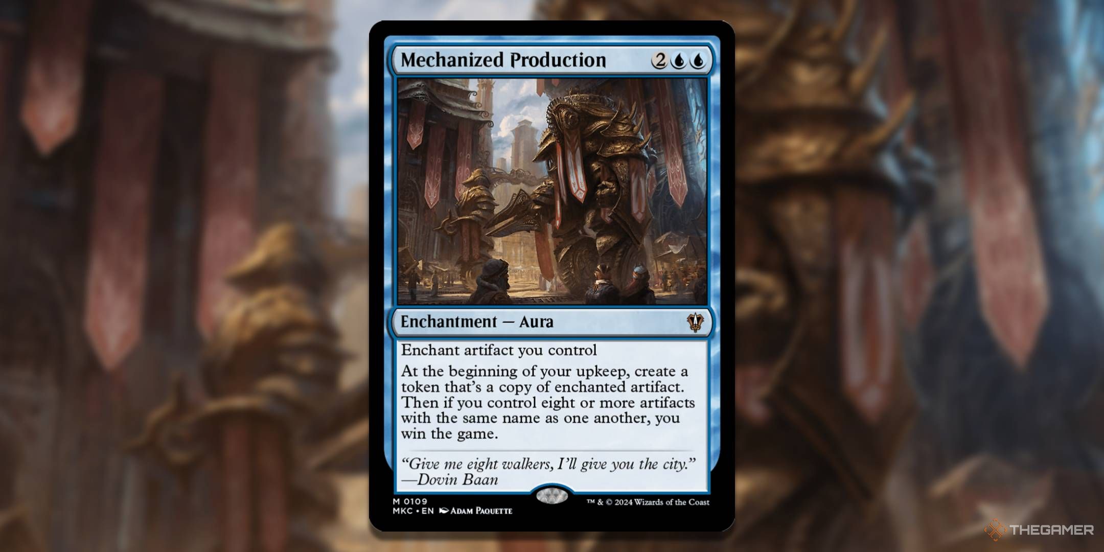 MTG Mechanized Production card with the art in the background.