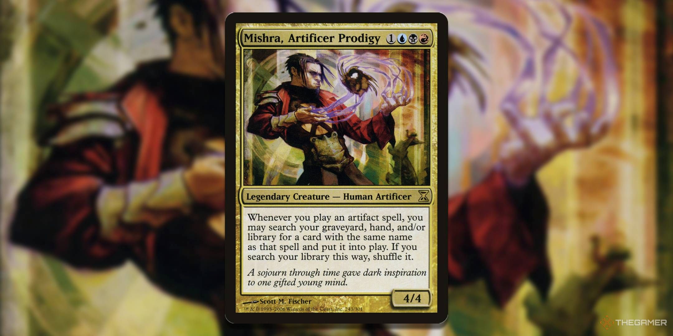 MTG Mishra, Artificer Prodigy card with the art in the background.