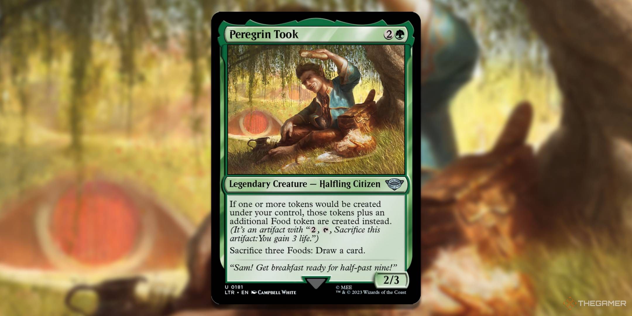 MTG Peregrin Took card with the art in the background.
