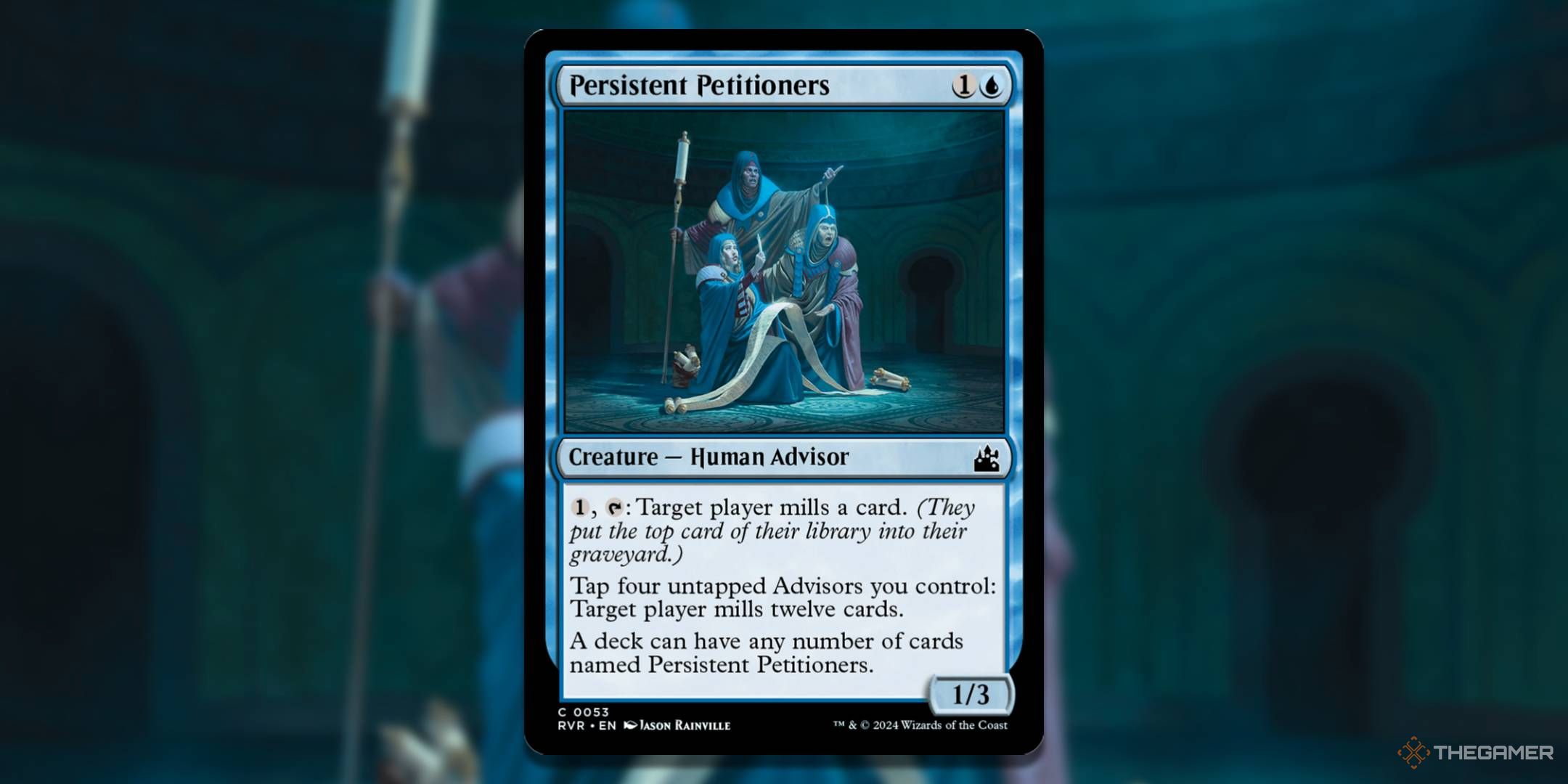 MTG Persistent Petitioners card with the art in the background.