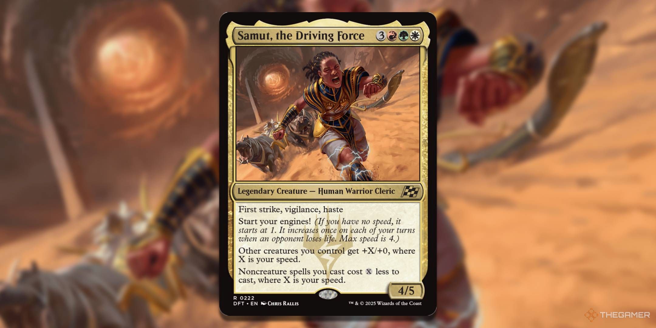MTG Samut, the Driving Force card with the art in the background.