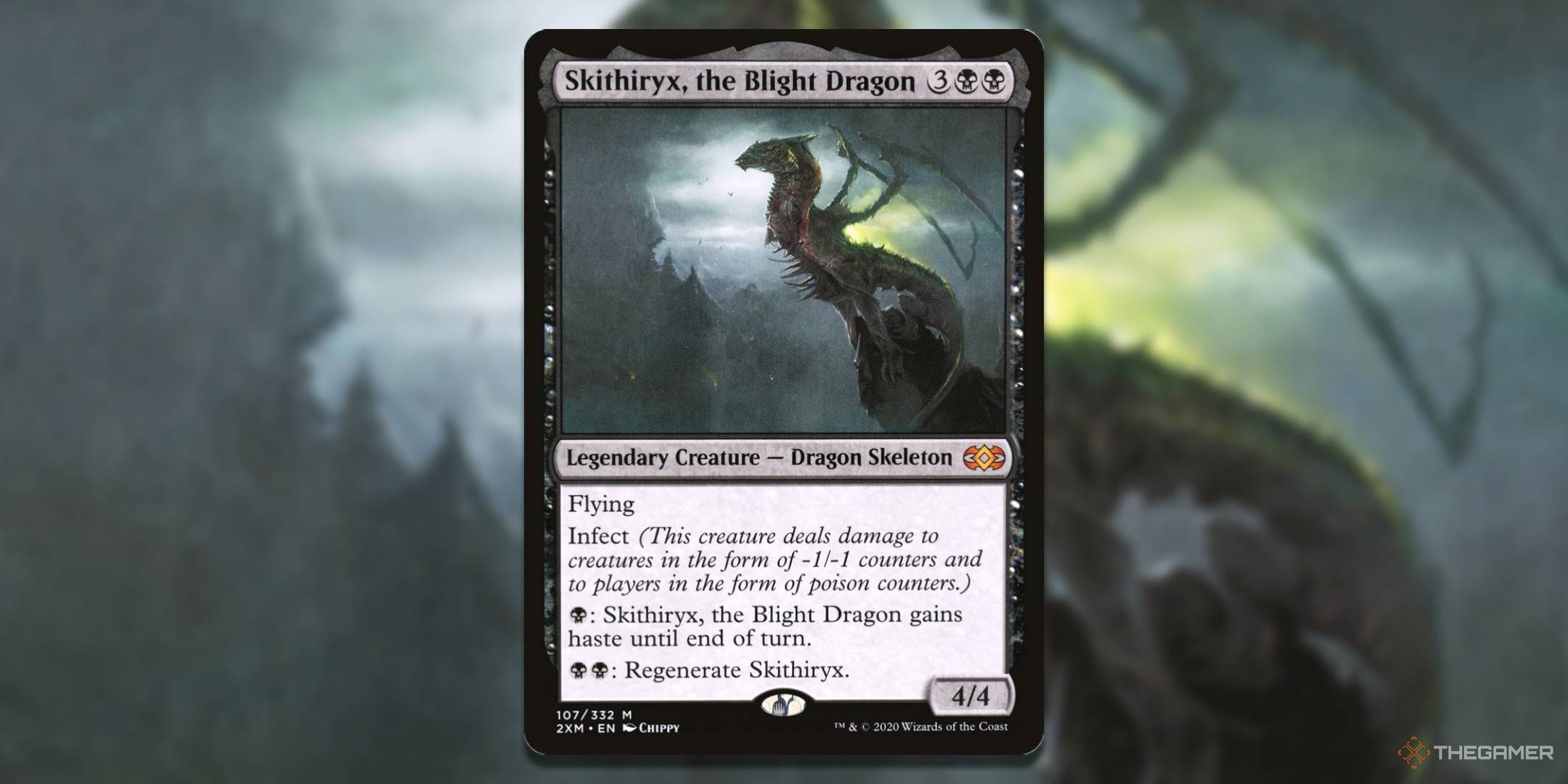 MTG Skithryx, the Blight Dragon card with the art in the background.