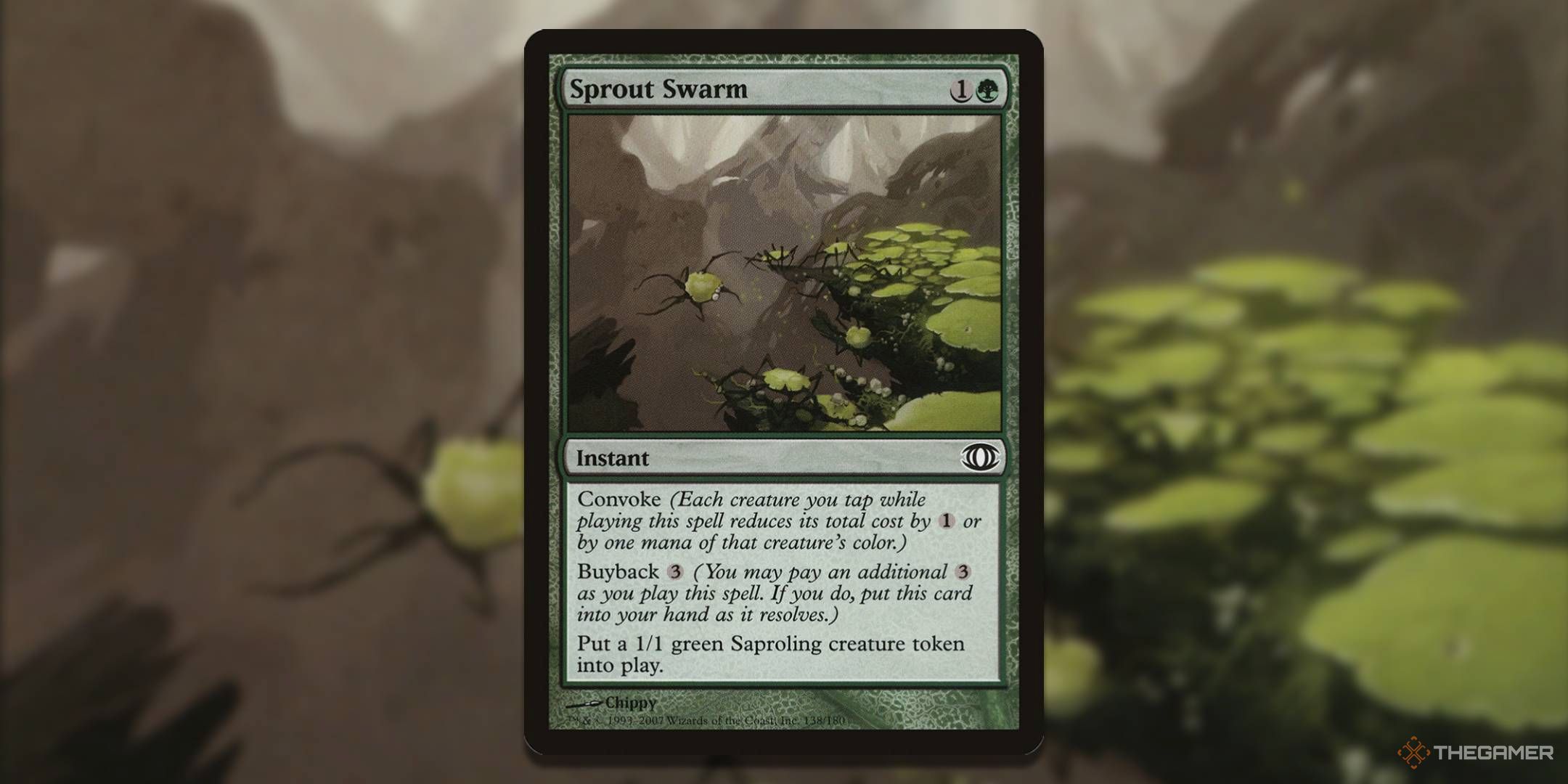 MTG Sprout Swarm card with the art in the background.