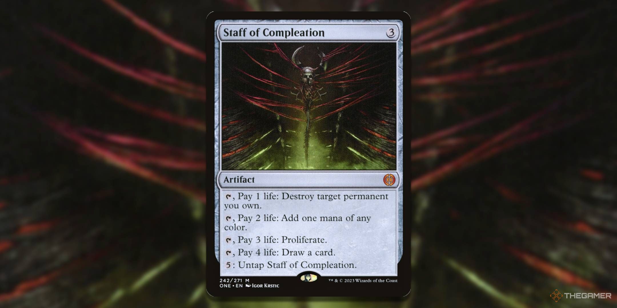 MTG Staff of Compleation card with the art in the background.