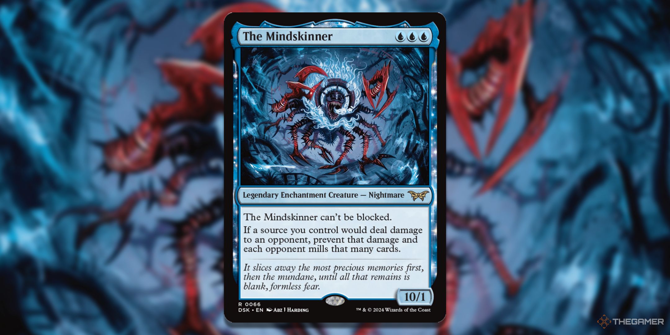 MTG The Mindskinner card with the art in the background.