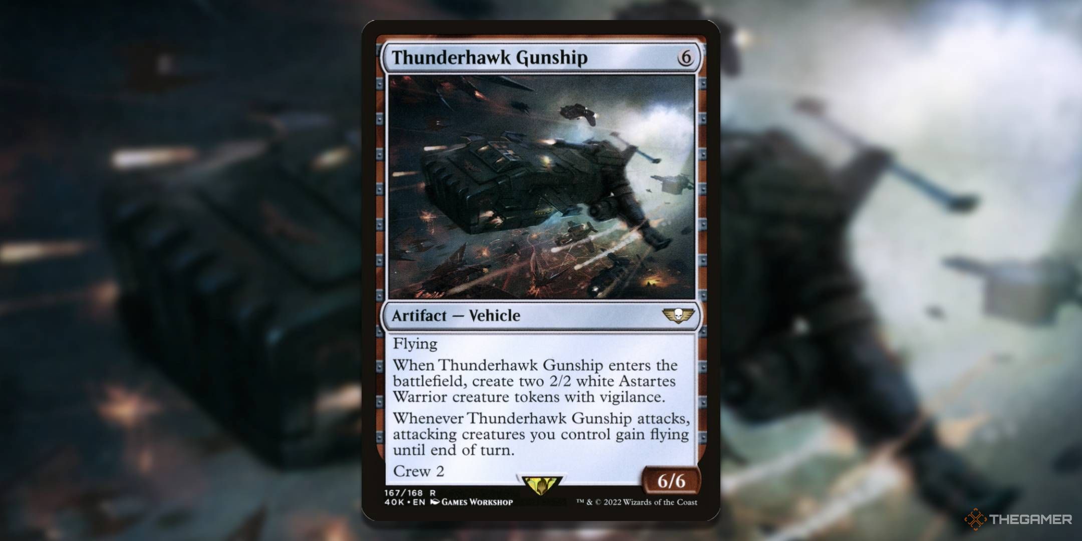 MTG Thunderhawk Gunship card with the art in the background.