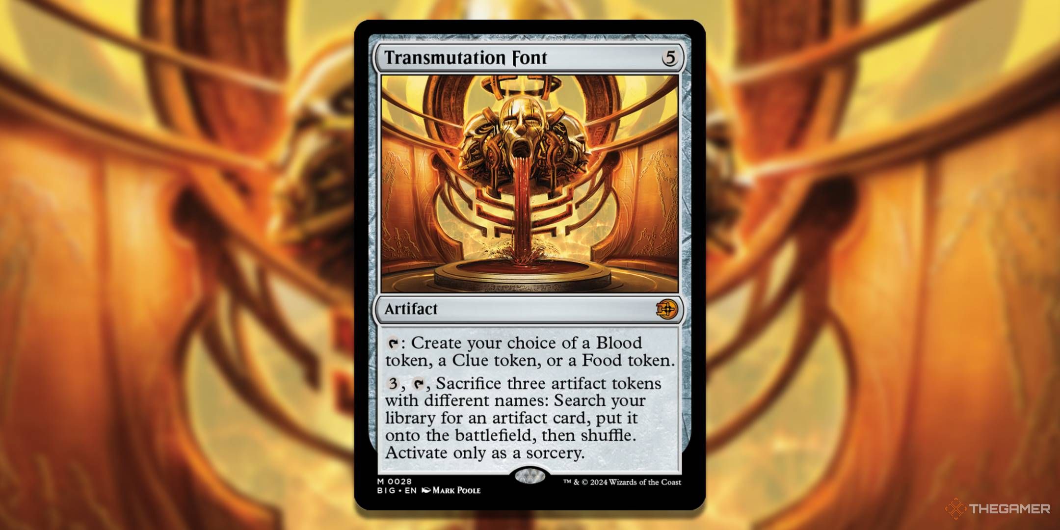 MTG Transmutation Font card with the art in the background.