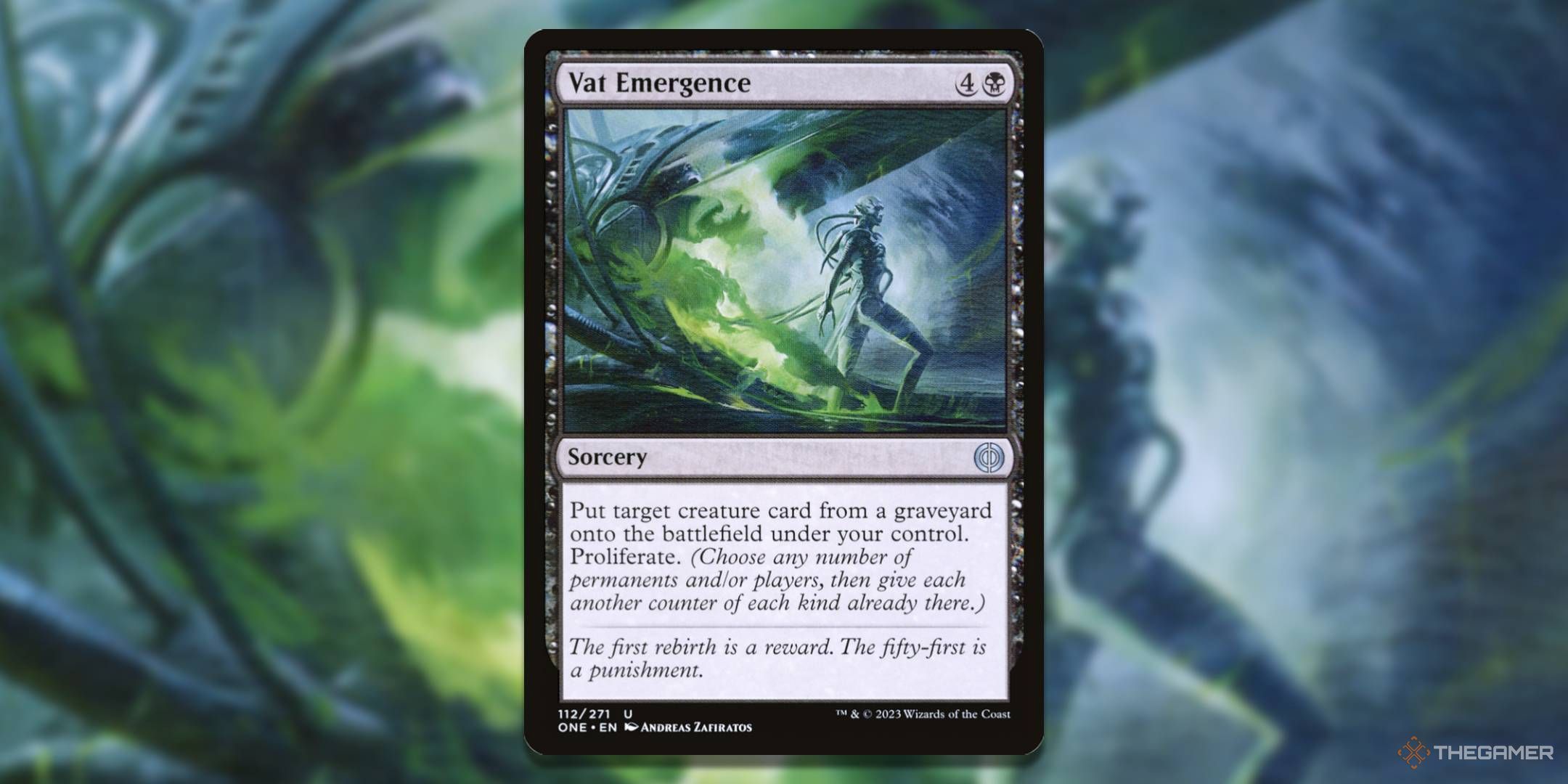 MTG Vat Emergence card with the art in the background.