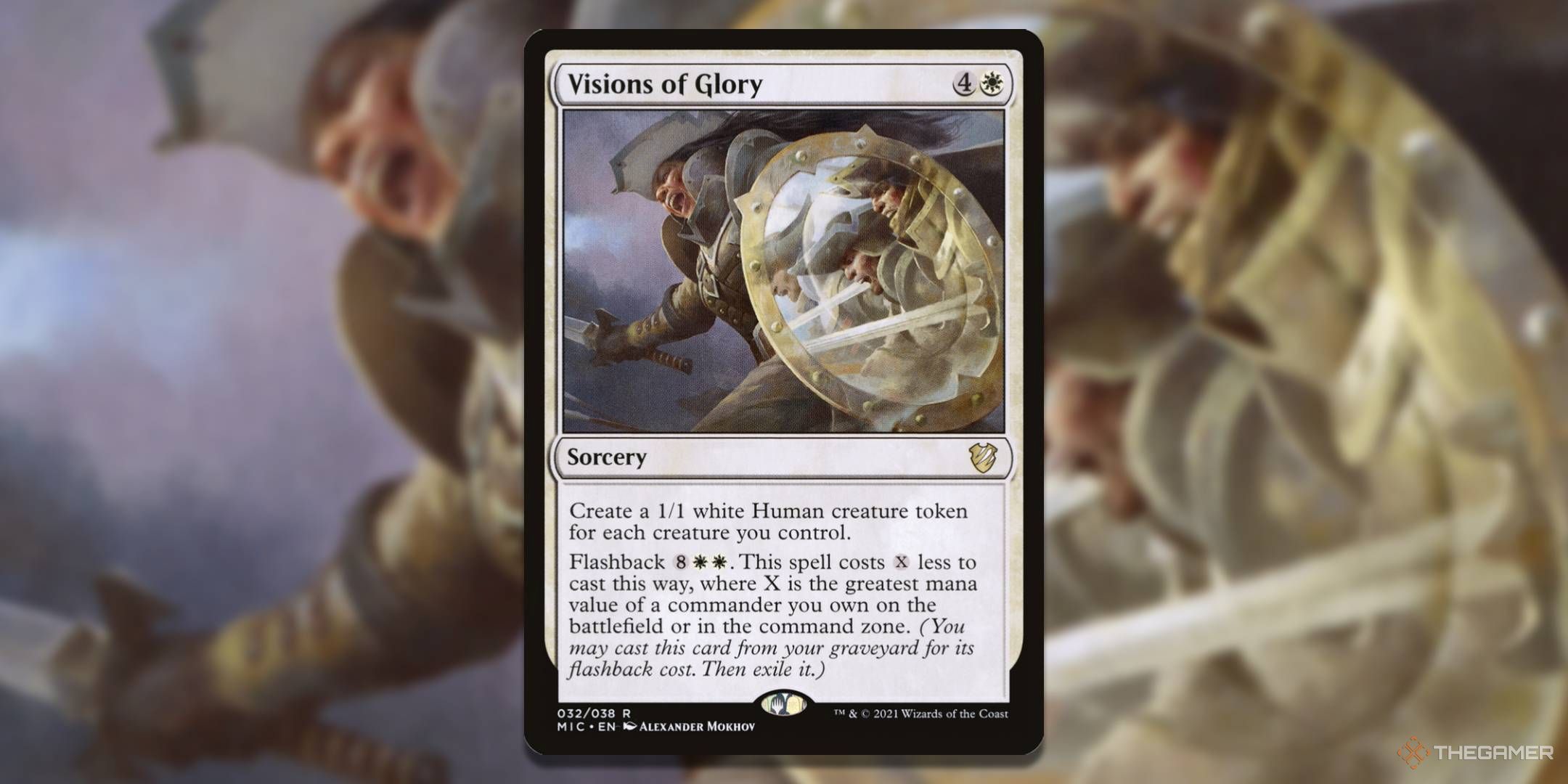 MTG Visions of Glory card with the art in the background.