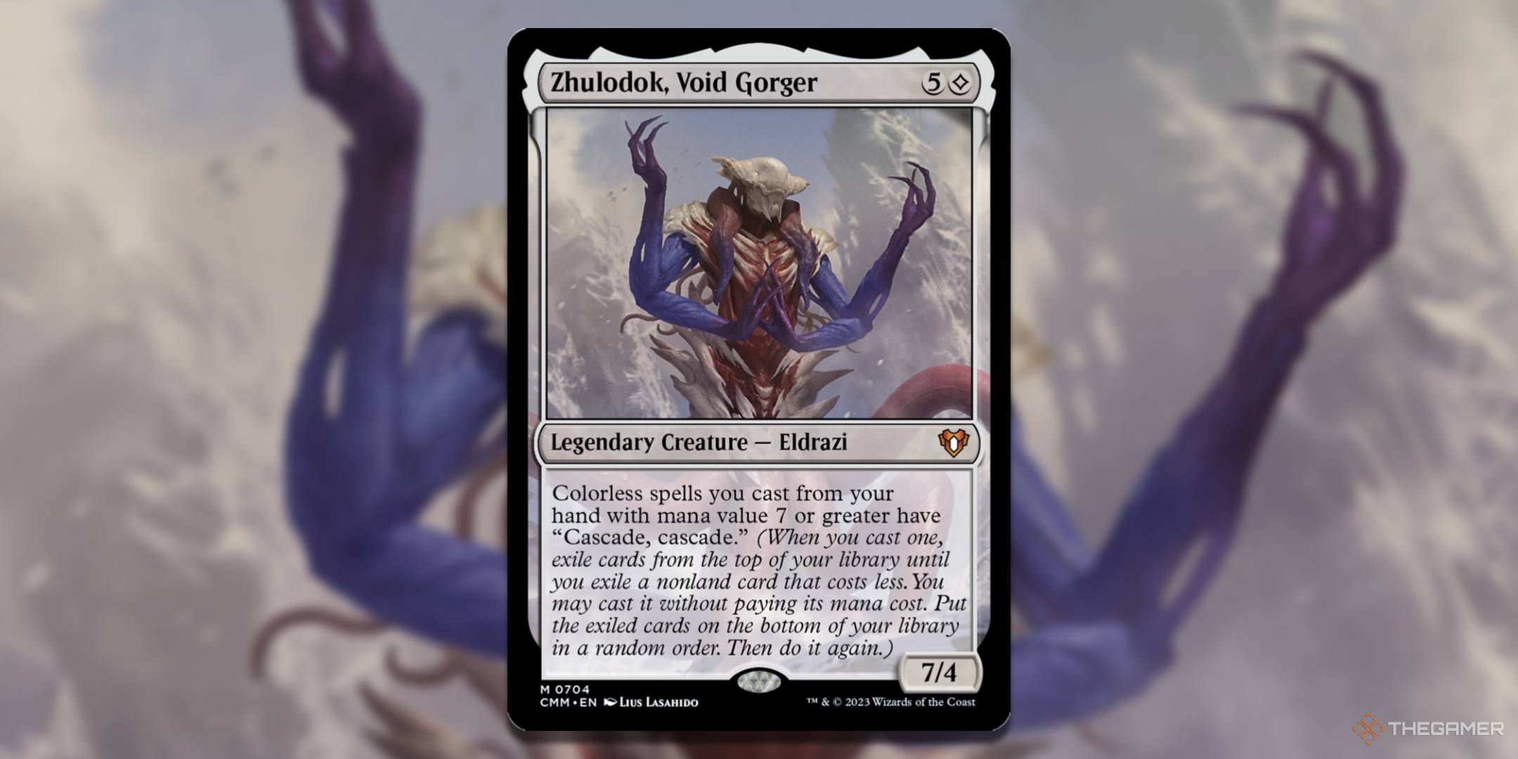 MTG Zhulodok, Void Gorger card with the art in the background.