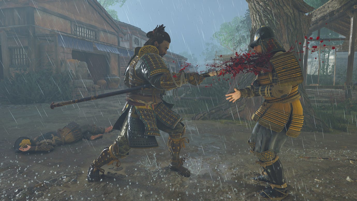 Yasuke eviscerates an enemy through the neck with his naginata in Assassin's Creed Shadows.