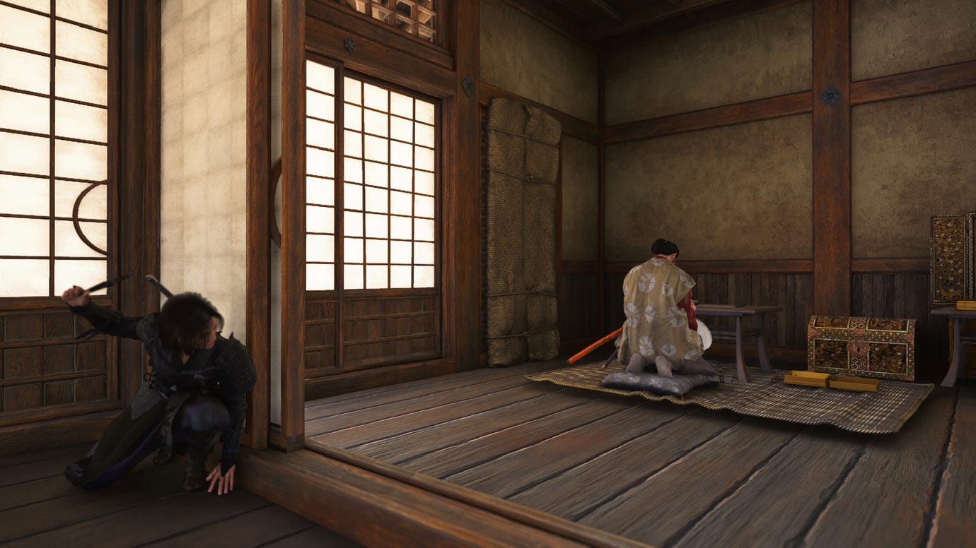 Naoe kneels and is about to take out a target in a castle in Assassin's Creed Shadows.