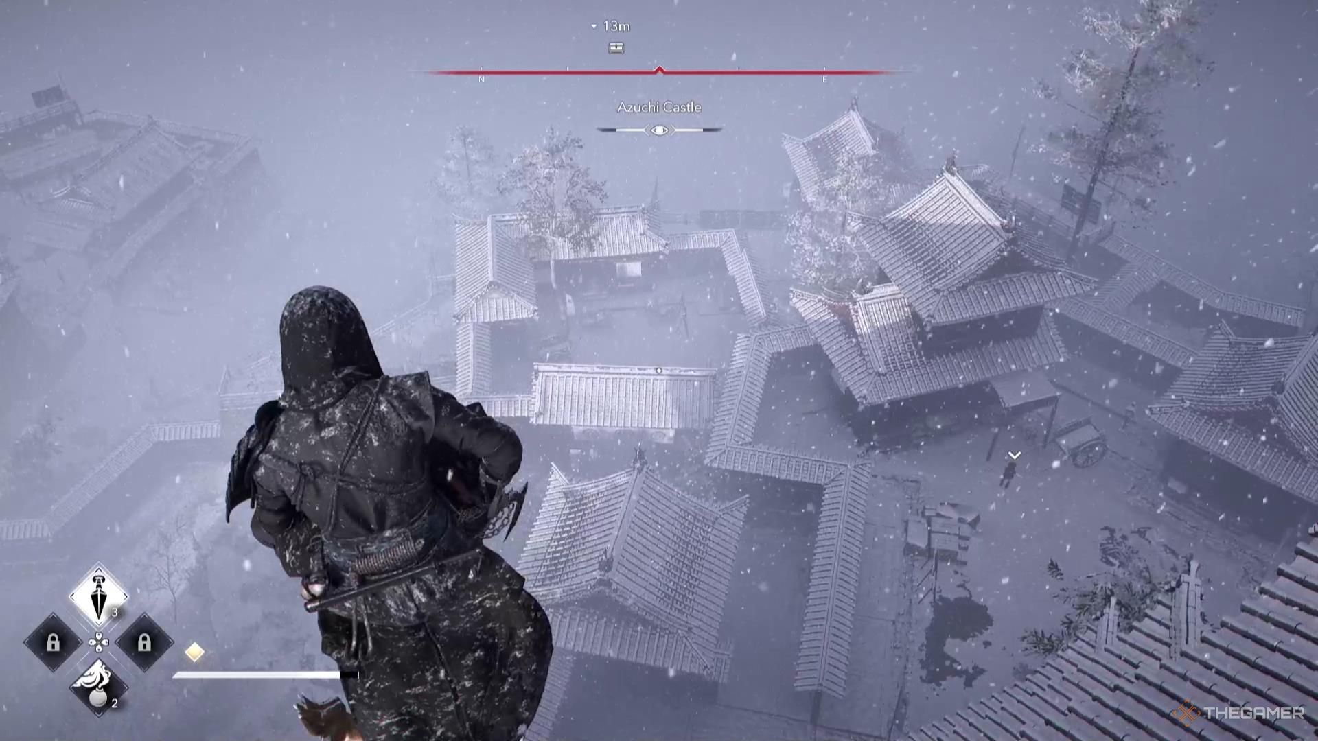 Naoe looks down at Azuchi Castle from her perch in Assassin's Creed Shadows.