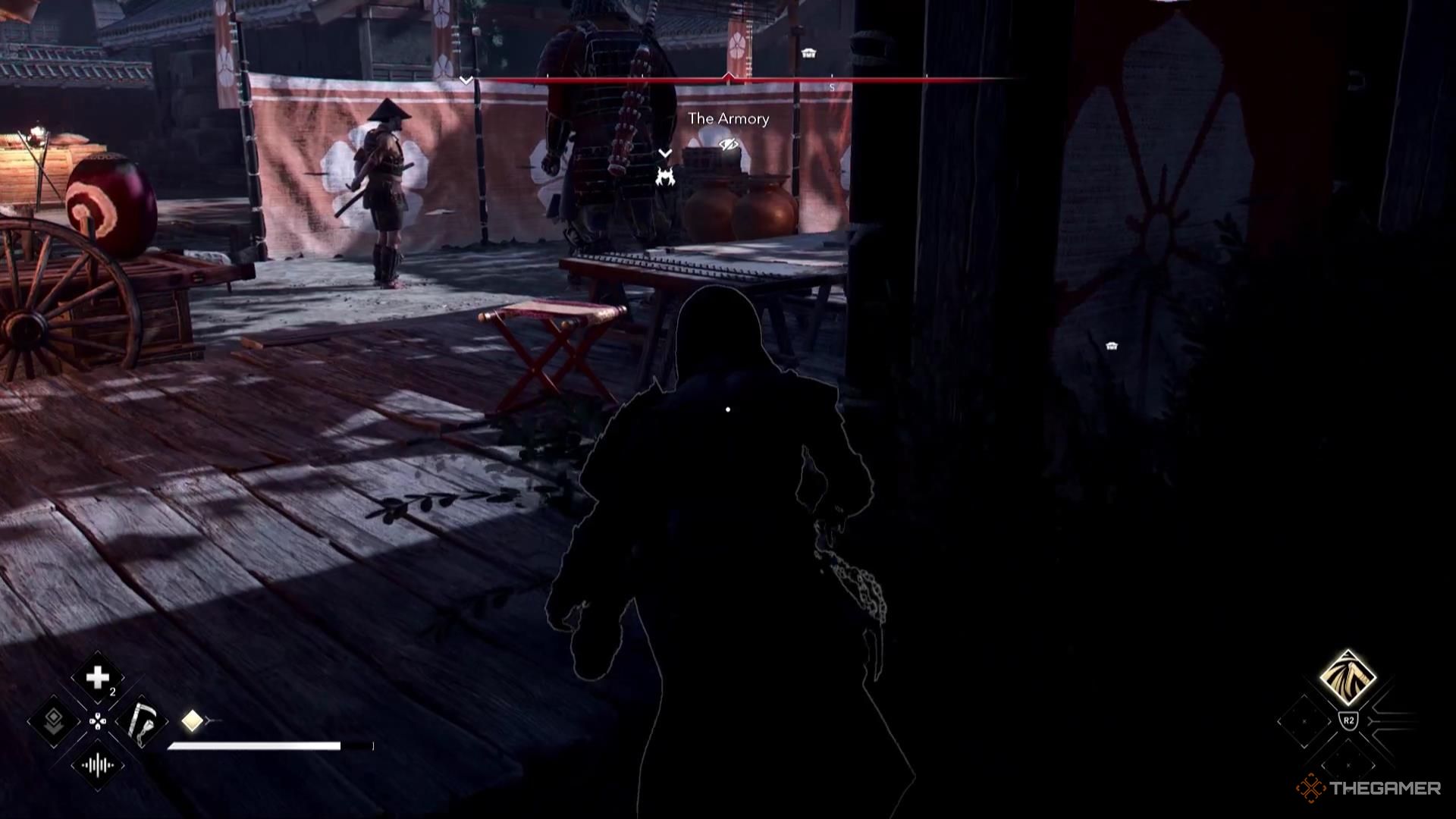 Naoe stands hidden behind a samurai in Assassin's Creed Shadows.