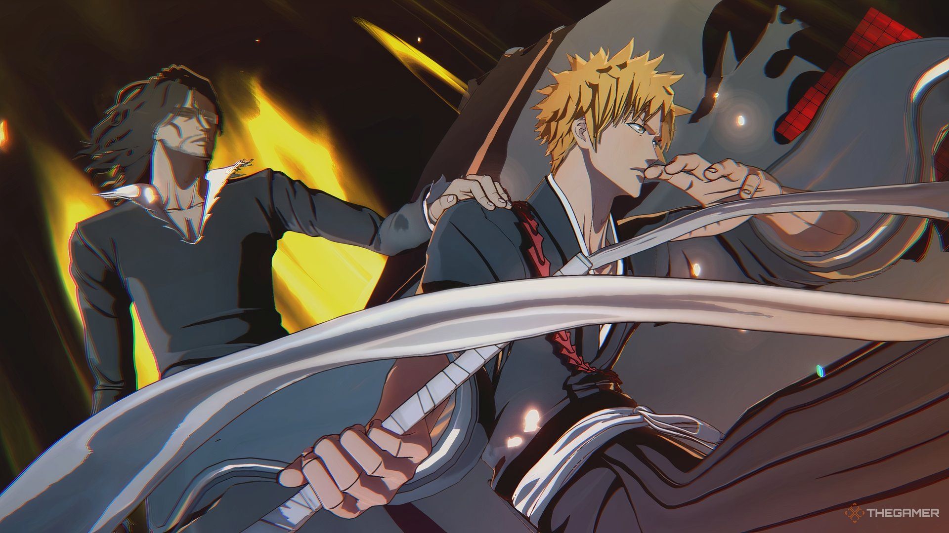 Zangetsu Spirit putting his hand over Ichigo Kurosaki's shoulder during a special move in Bleach Rebirth of Souls.