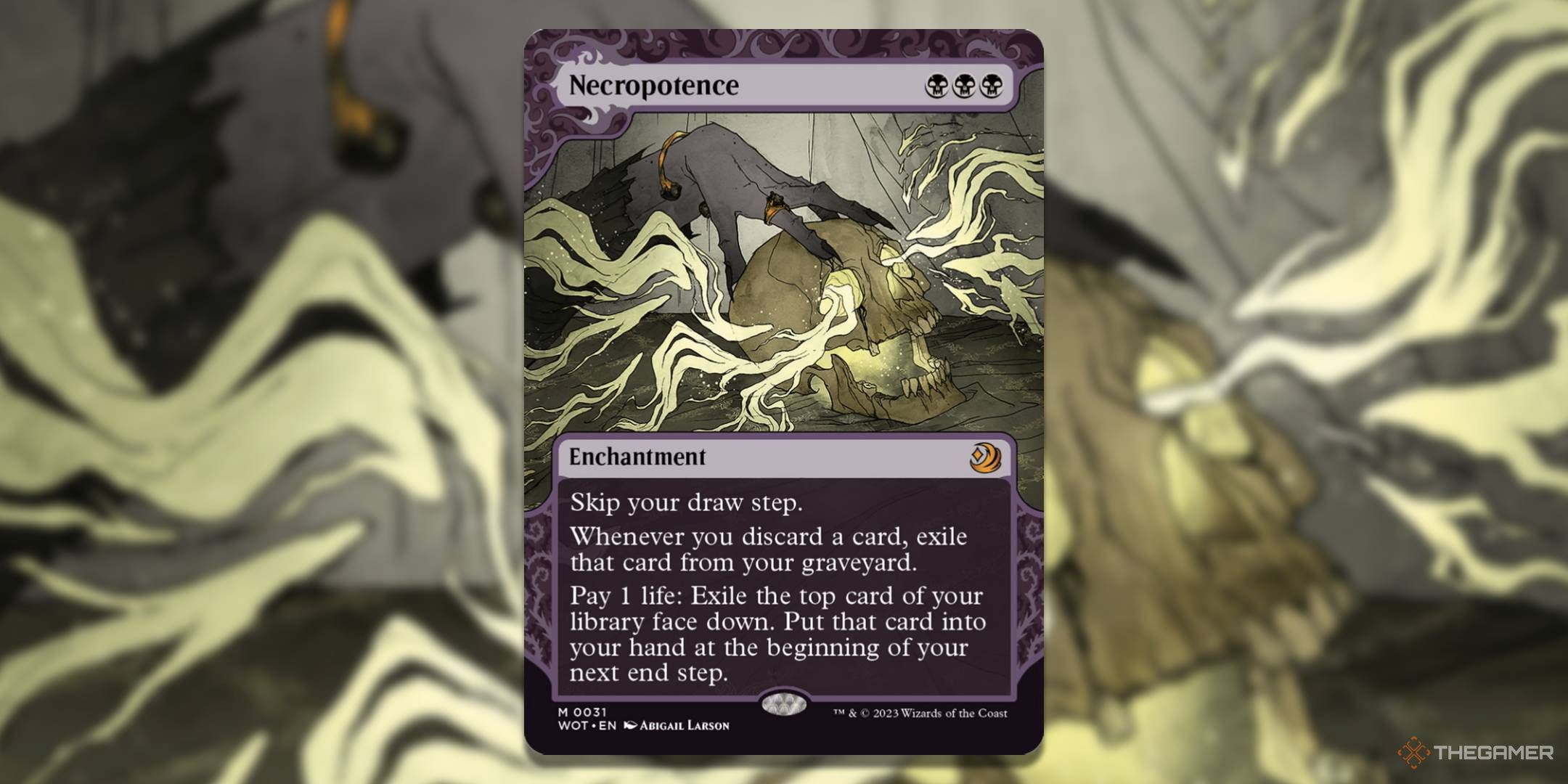 MTG Necropotence card with the art in the background.