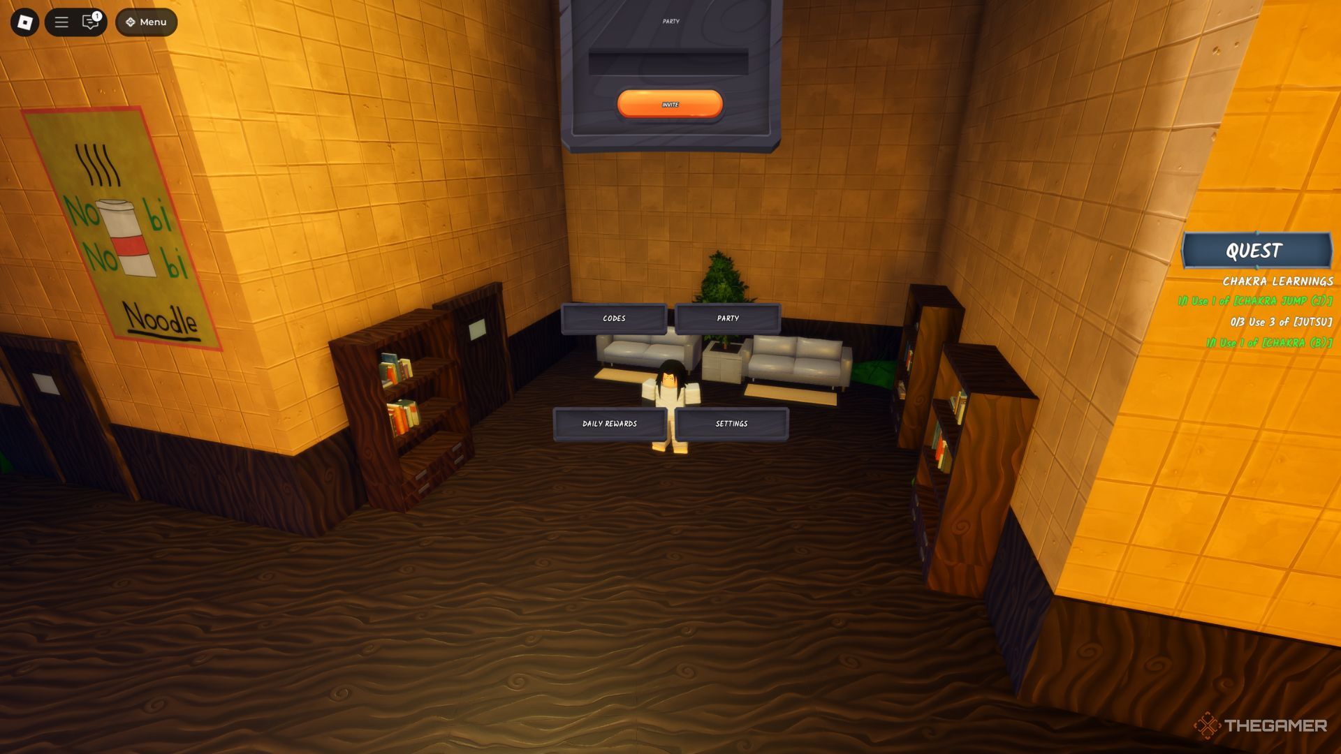 The player character shows the Party manu where you need to put a player's name in Ninja Time.