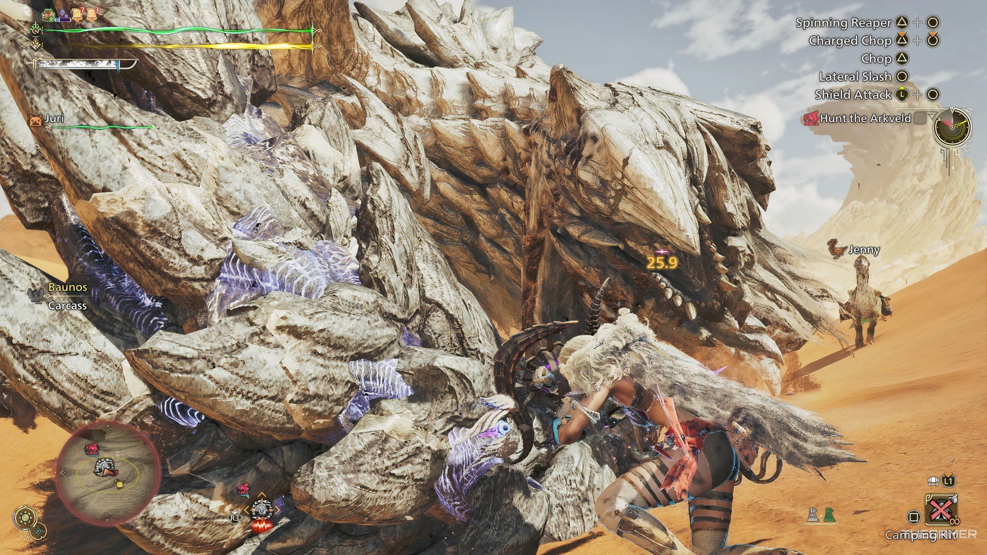 Performing Perfect Guard against Arkveld in Monster Hunter Wilds.
