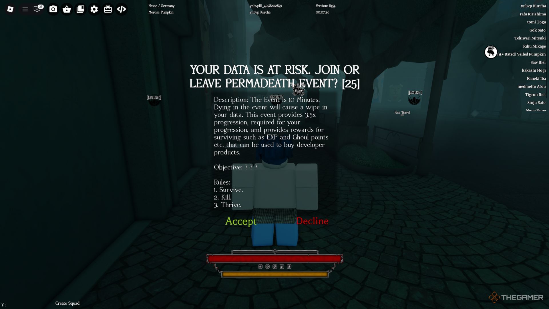 The player character shows the Permadeath event tab in Ghoul Re.