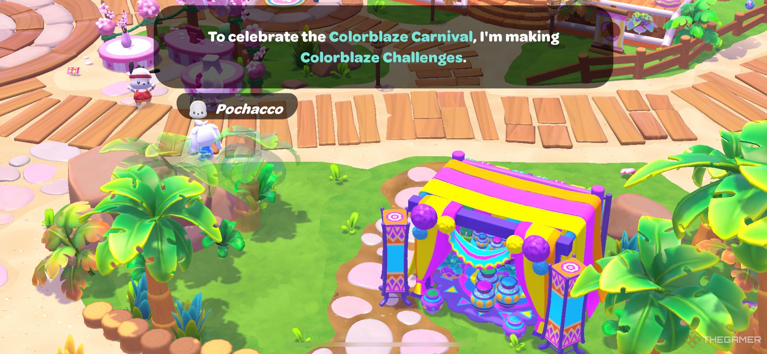 Pochacco telling the player about the Colorblaze Carnival in Hello Kitty Island Adventure.