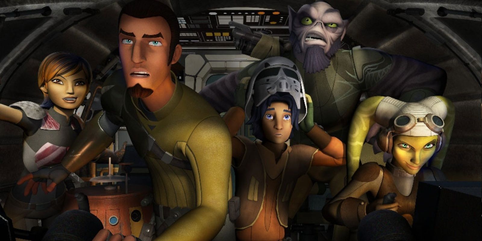 The cast of Star Wars Rebels aboard the Ghost.