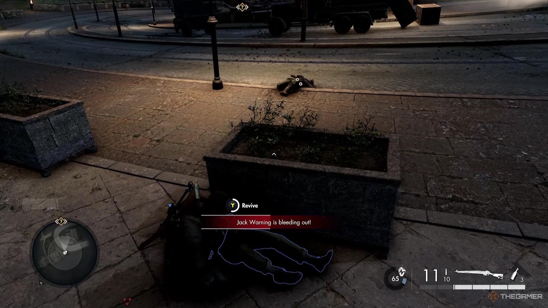 Reviving an ally in Co-op in Sniper Elite Resistance.