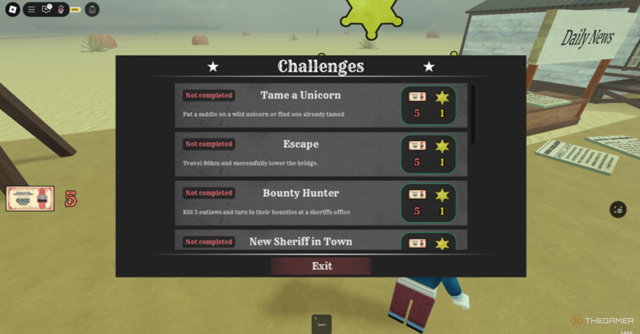 Roblox Dead Rails Challanges Interface with 4 challanges visible.