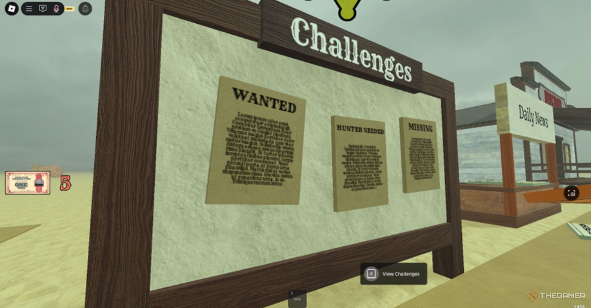 Roblox Dead Rails Challanges board with news and rewards posted on it.