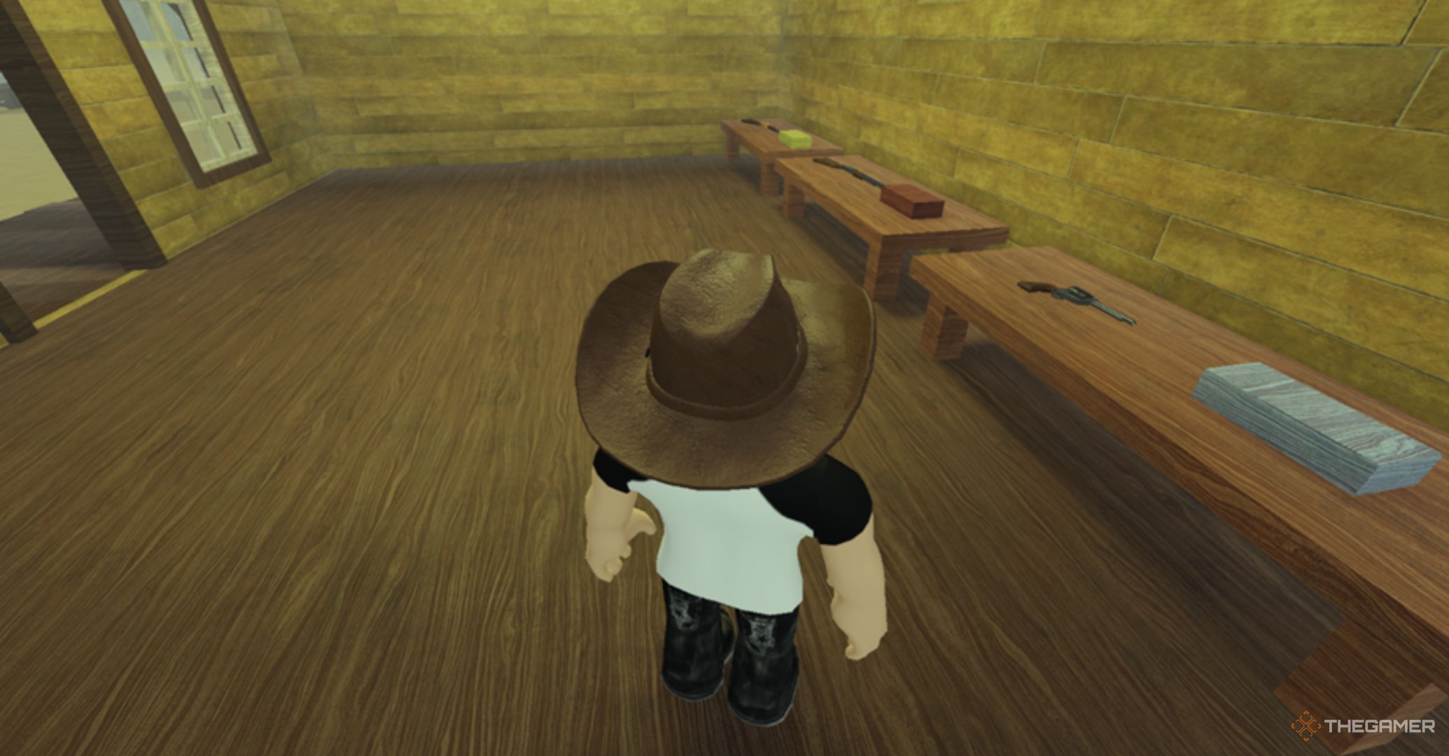 Roblox Dead Rails Gunsmith with weapons and ammunition over tables 