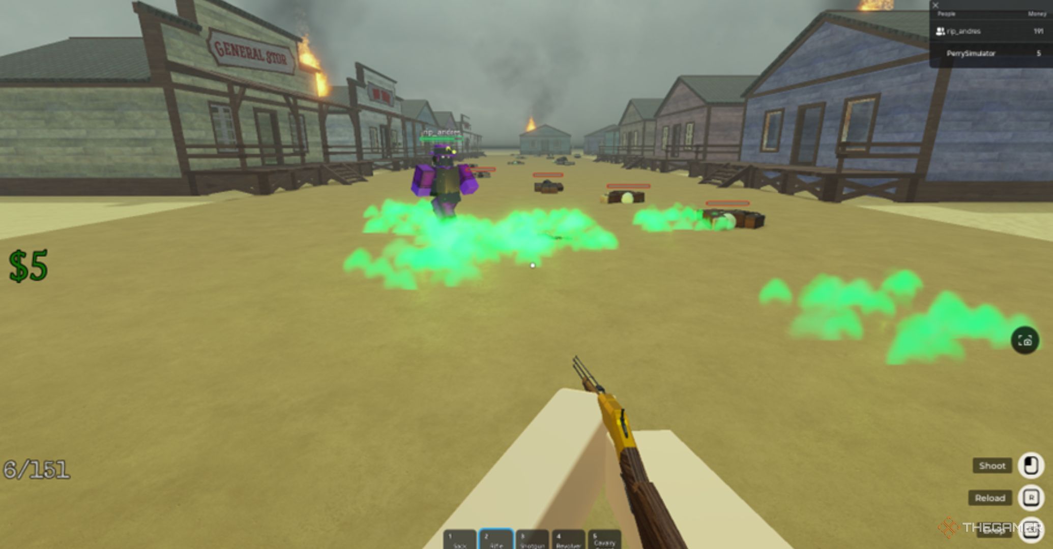 Roblox Dead Rails Nikola Tesla holy water effect, green fire on the ground in the middle of a city, a player passing by in the background.