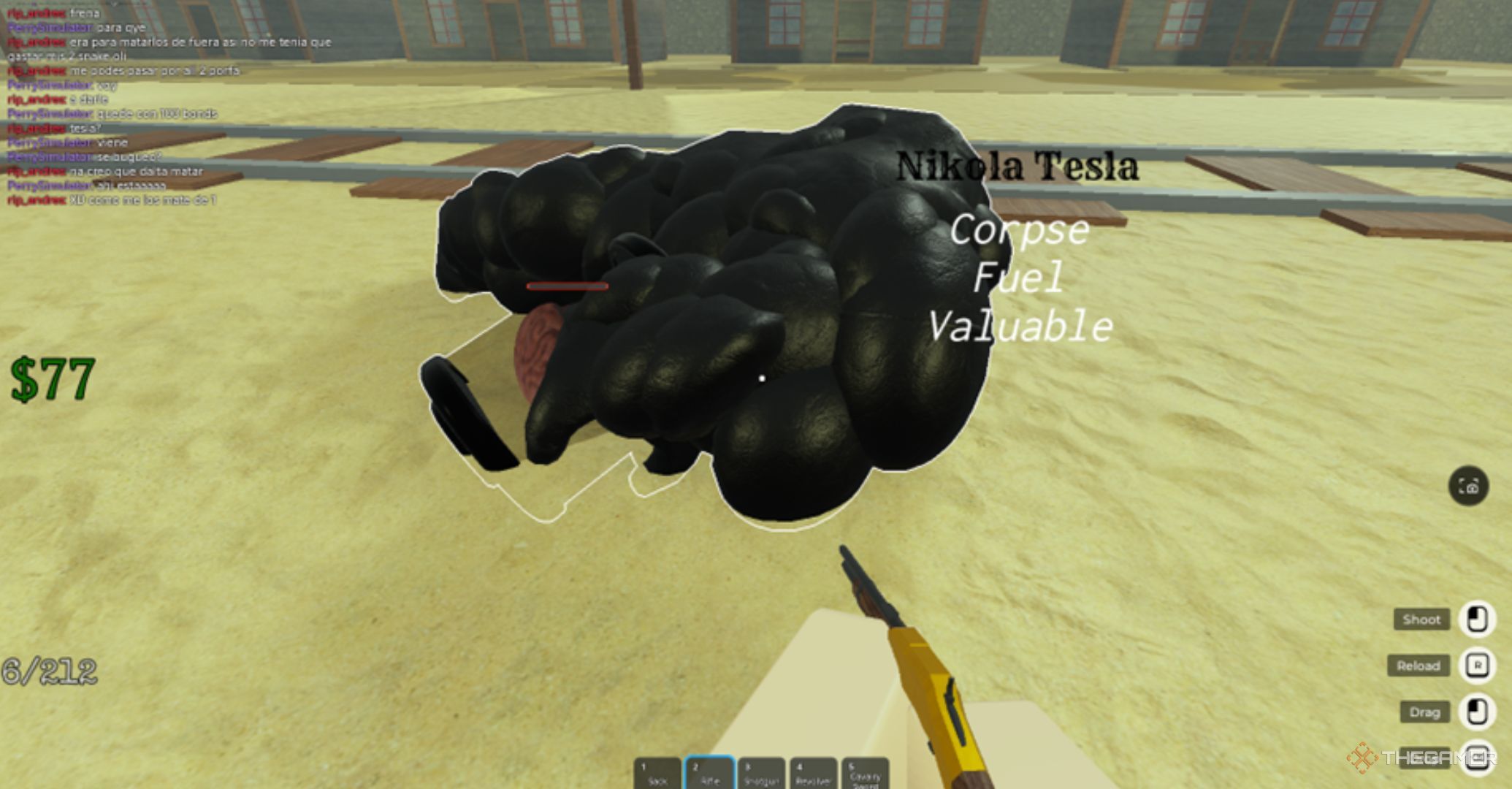 Roblox Dead Rails Nikola Tesla Dead Body, charred muscular body, a rifle and train tracks in the background.