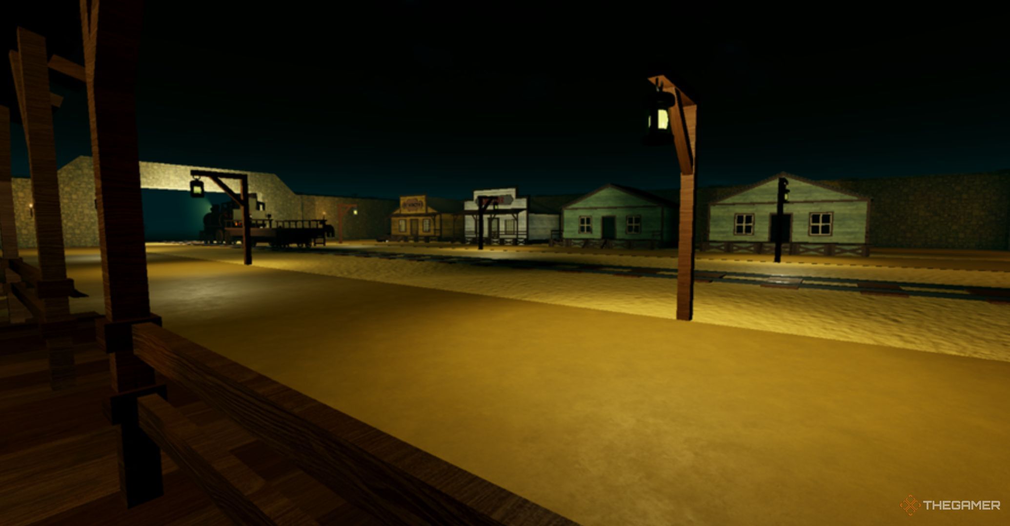 Roblox Dead Rails Base, four buildings inside a base illuminated in a night sky.