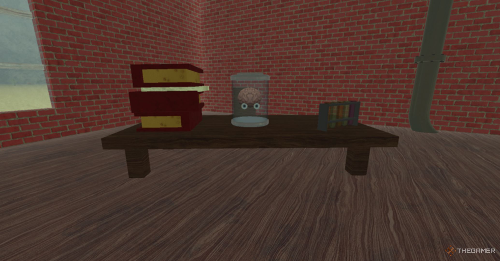 Roblox Dead Rails Nikola Tesla Head, brain in a bottle with embedded eyes, on a wooden table and books.