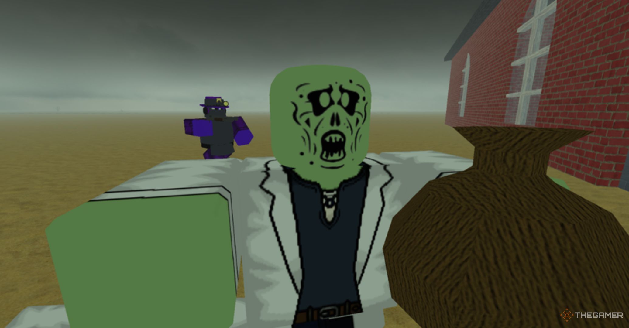 Roblox Dead Rails Nikola Tesla zombie scientist, purple player in the back.