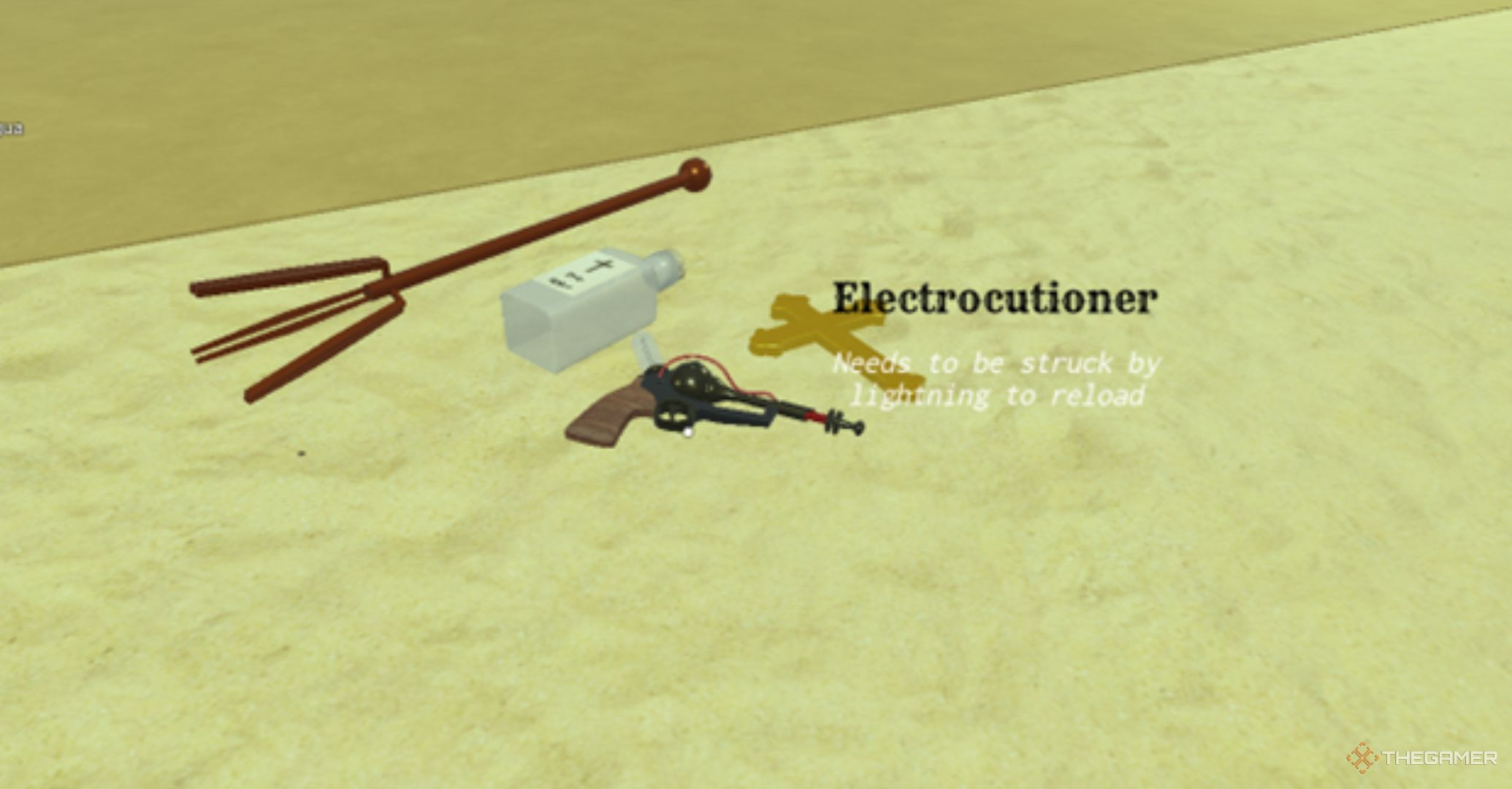 Roblox Dead Rails Nikola Tesla Weapons, a lightning rod, holy water, a crucifix lying in the sand.