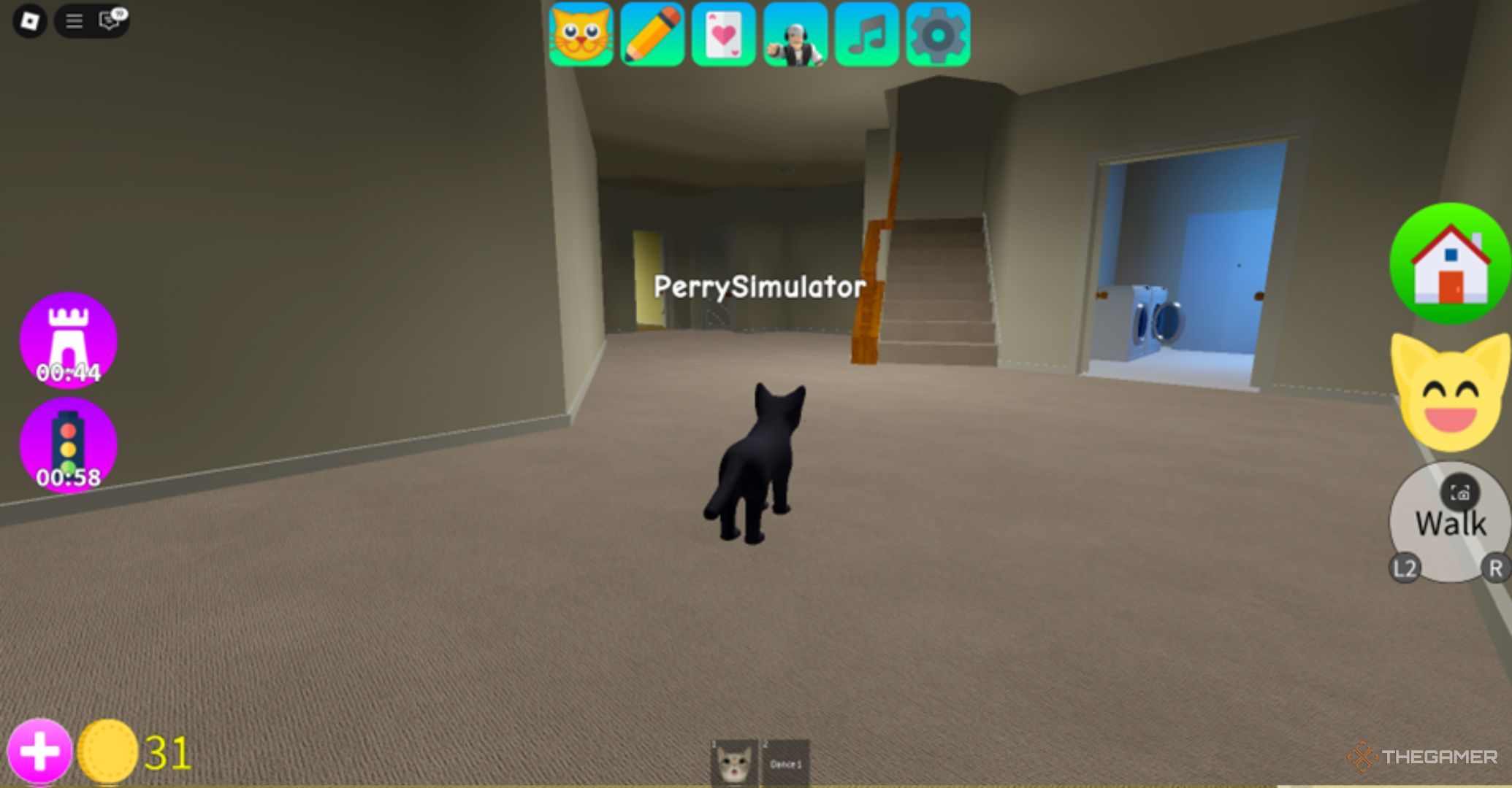 Roblox Kitten Game Black Cat in a gray room with stairs.