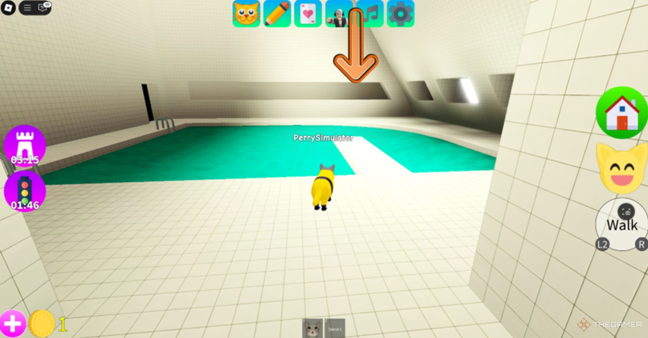 Roblox Kitten Game Cat In Front A Pool with an arrow pointing a window.