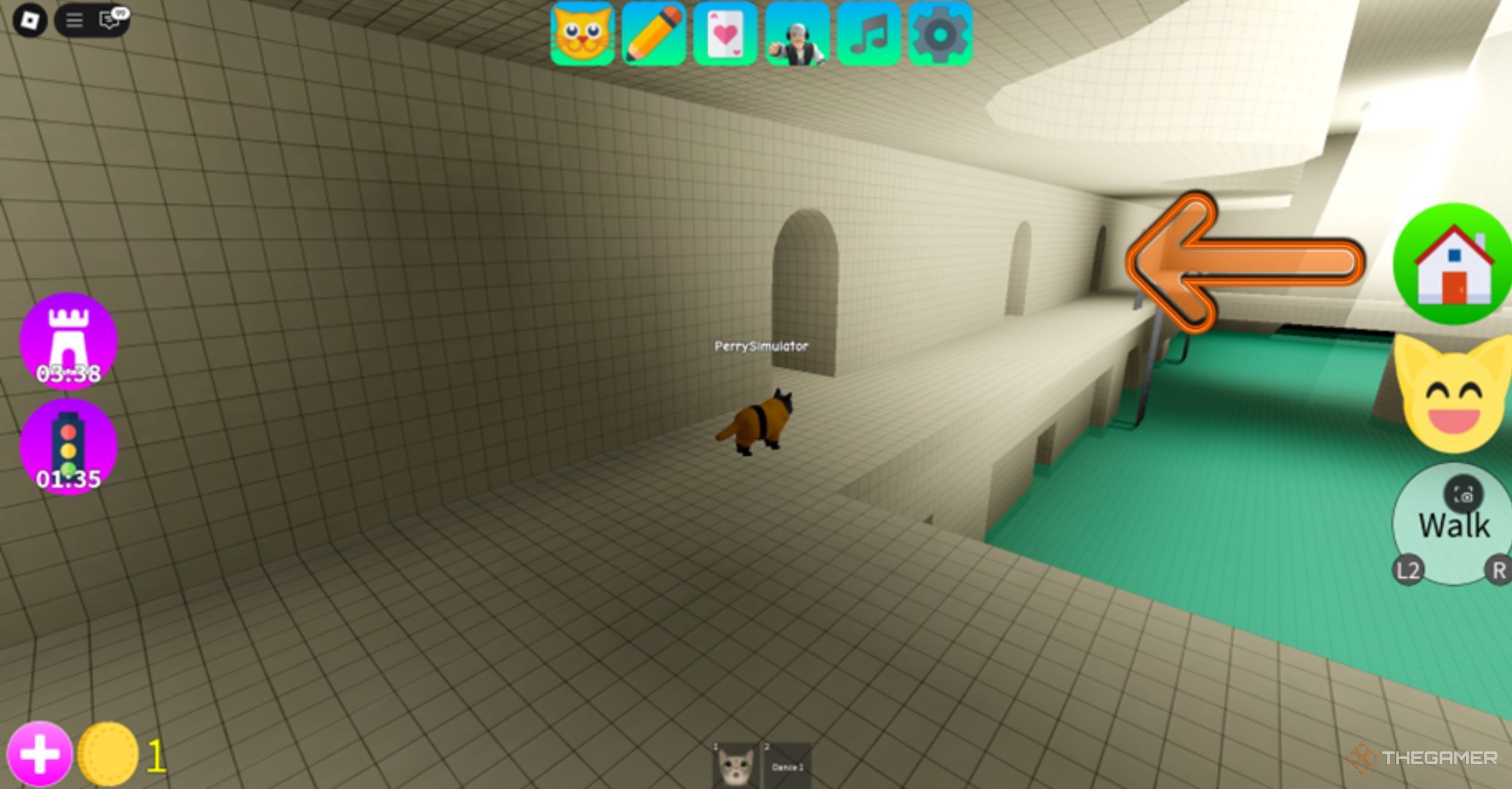 Roblox Kitten Game In A Corridor With a pool, a orange arrow pointing one frame door.