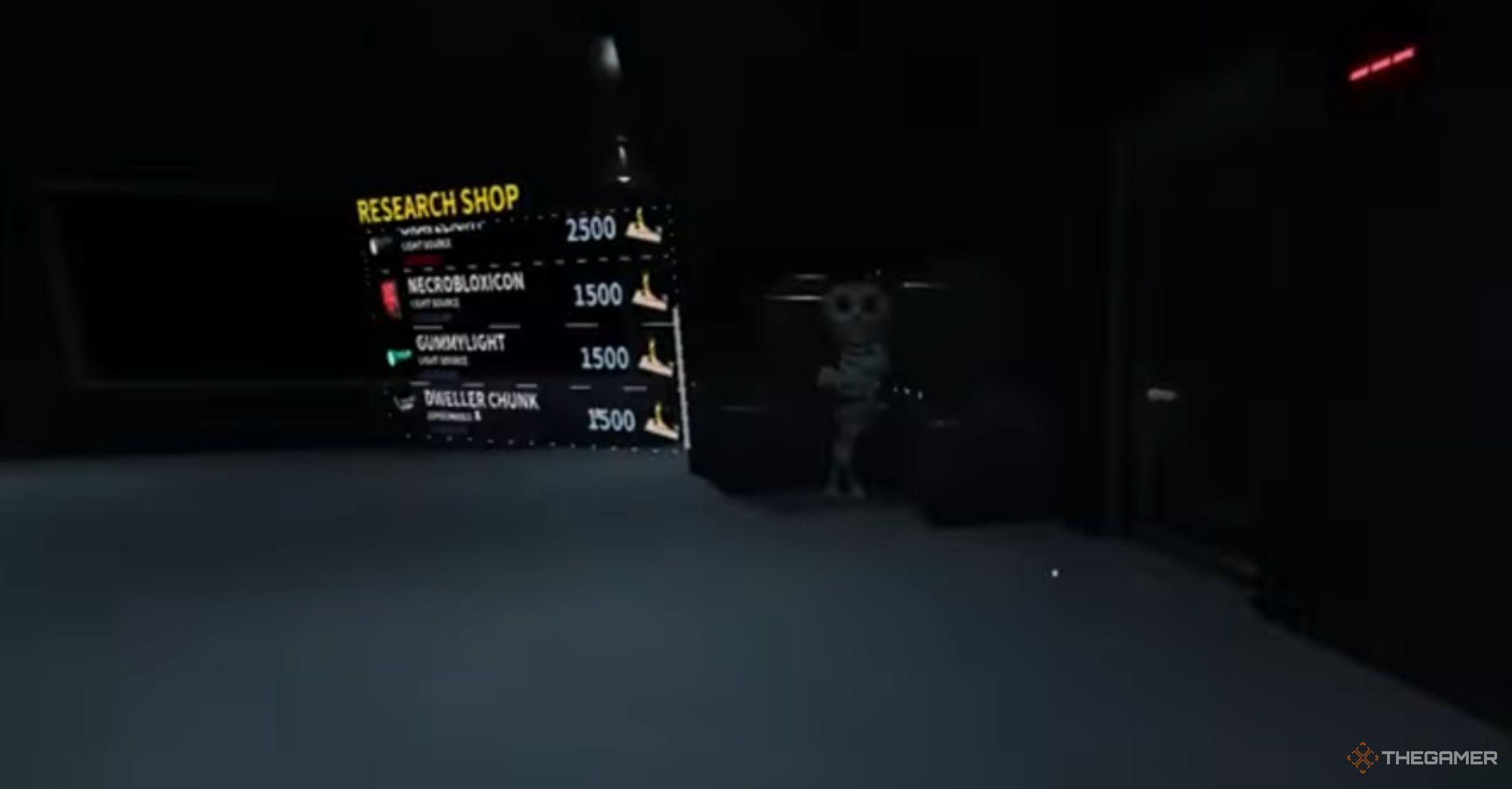 Roblox Pressure - Gambling Room Research Shop interface, with a skeleton in the background on some boxes