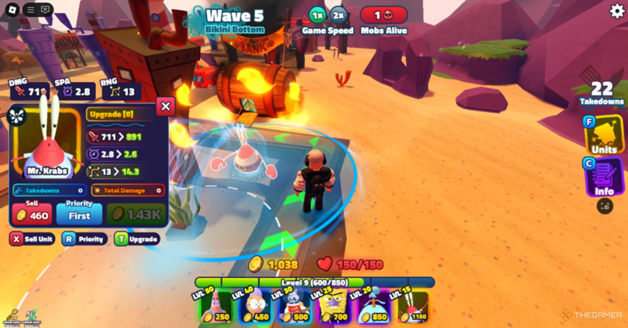 Roblox SpongeBob Tower Defense Mr Krab tower with the upgrade interface.