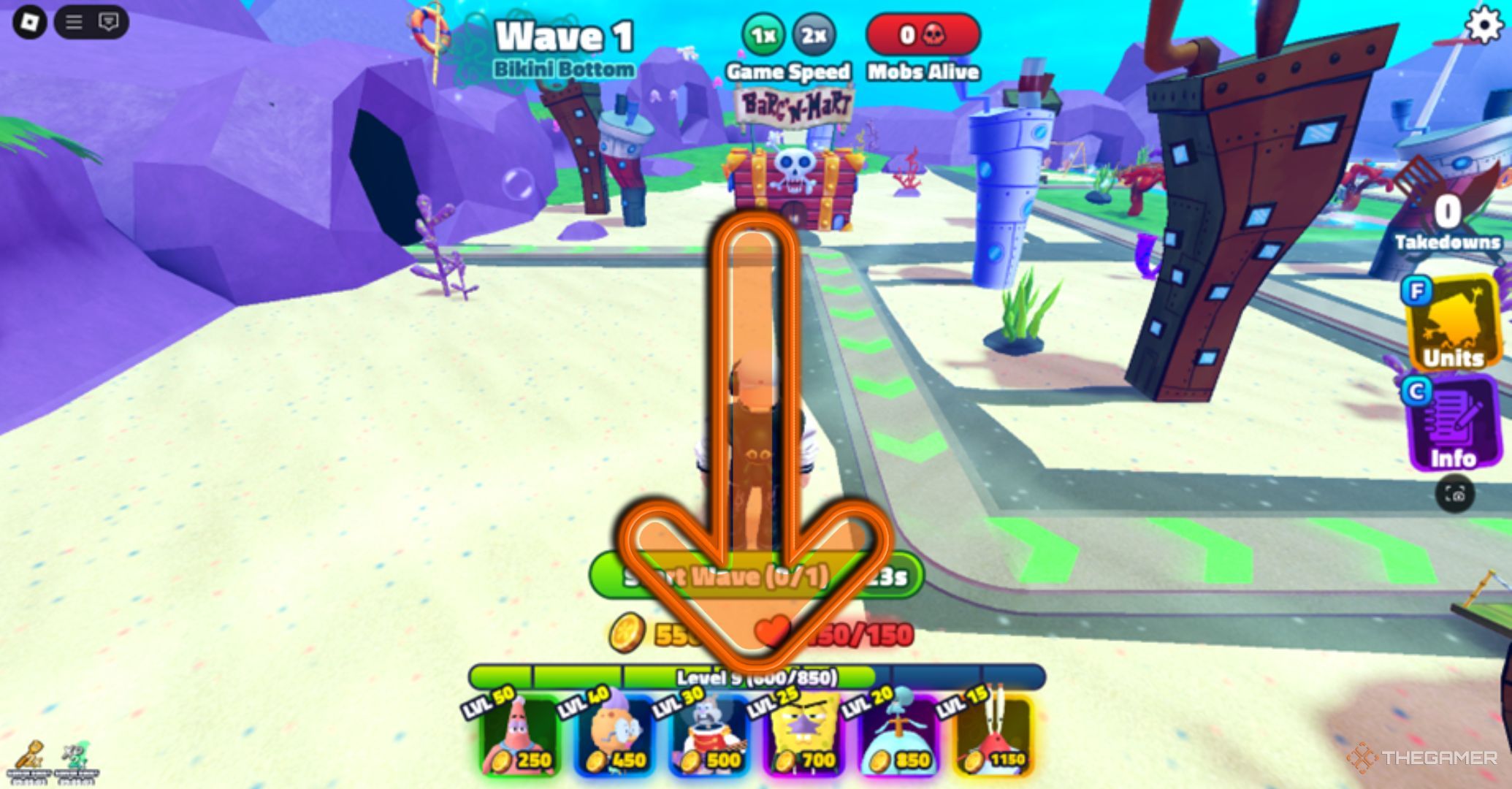 Roblox SpongeBob Tower Defense Towers Interface with the bikini bottom in the background.