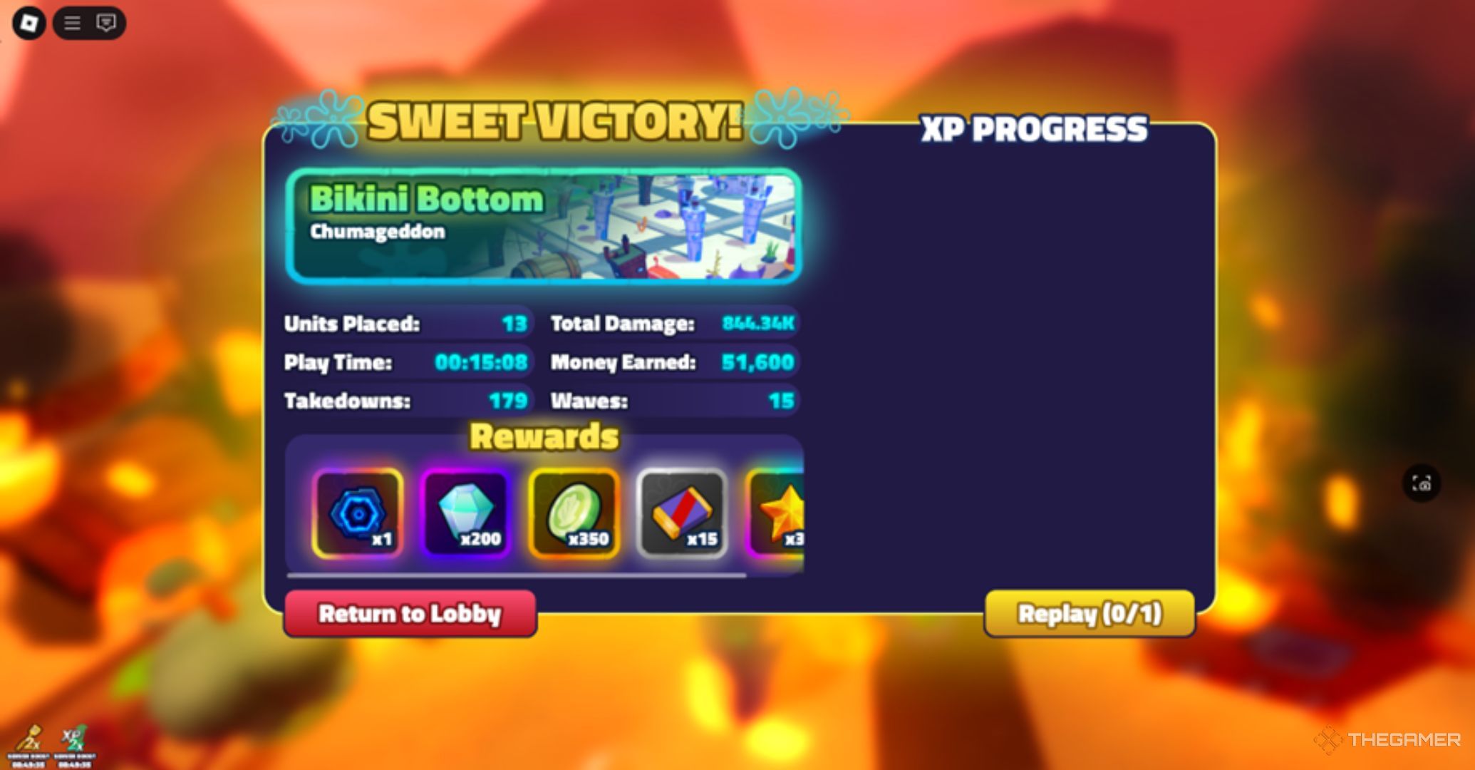 Roblox SpongeBob Tower Defense Winner Interface with rewards and progress.