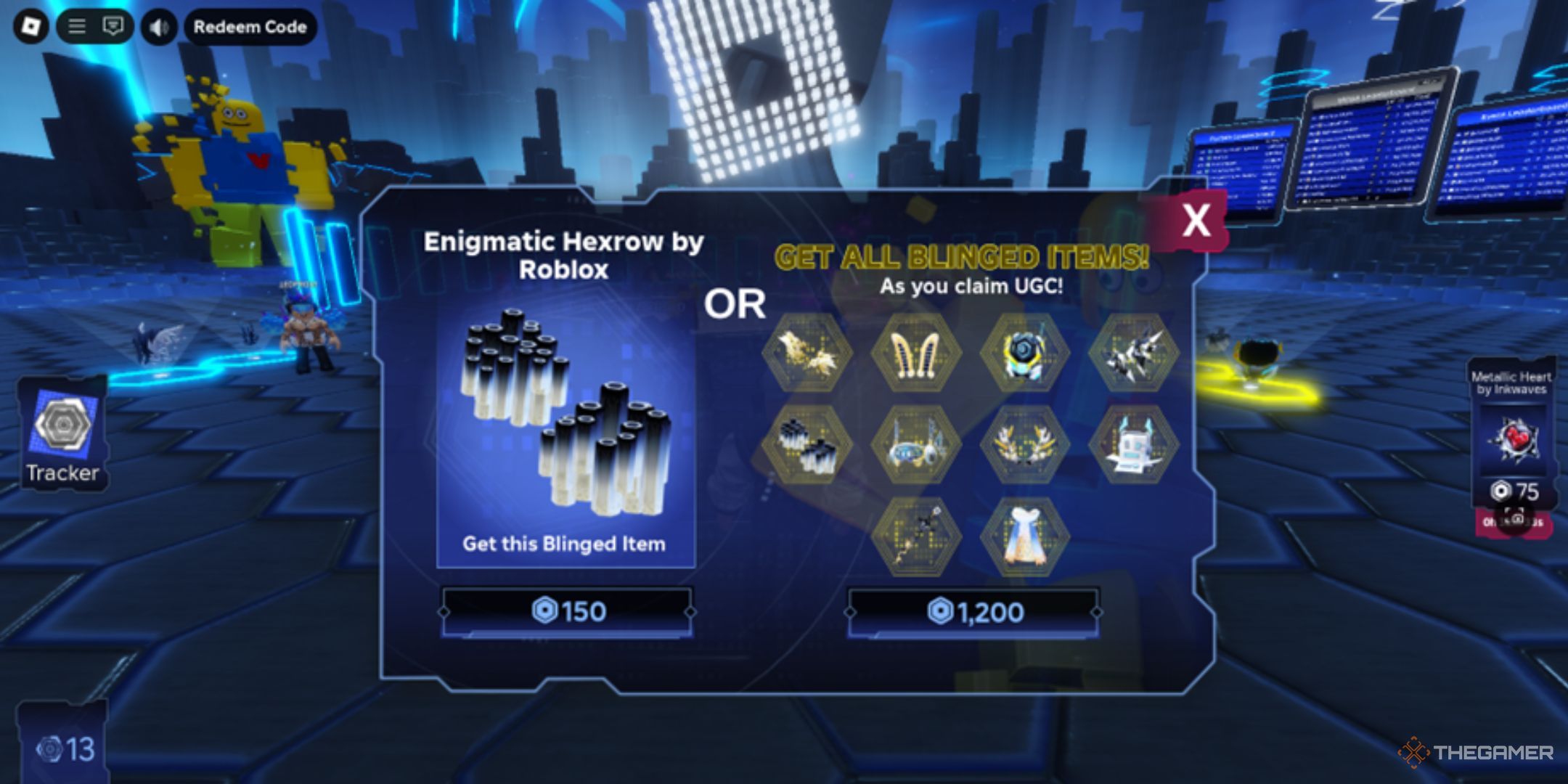 Roblox The Hunt Mega Edition Hub Goldify Interface with 10 options and two possible purchases in exchange for robux.
