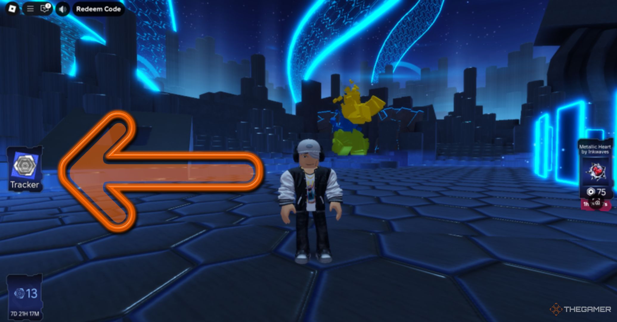 Roblox The Hunt Mega Edition Hub, character standing in a grid, Interface with an arrow showing tracker option.