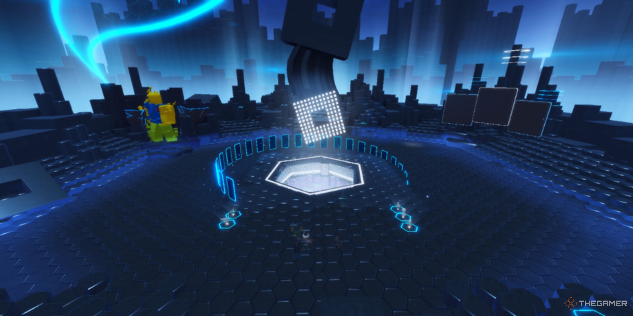 Roblox The Hunt Mega Edition Hub, futuristic scenario with screens and a giant noob character in the background.