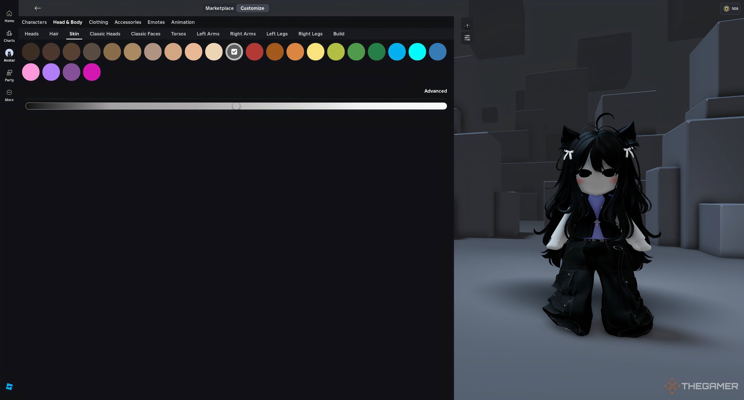 This Roblox avatar has visible default clothing beneath her 3D clothing.