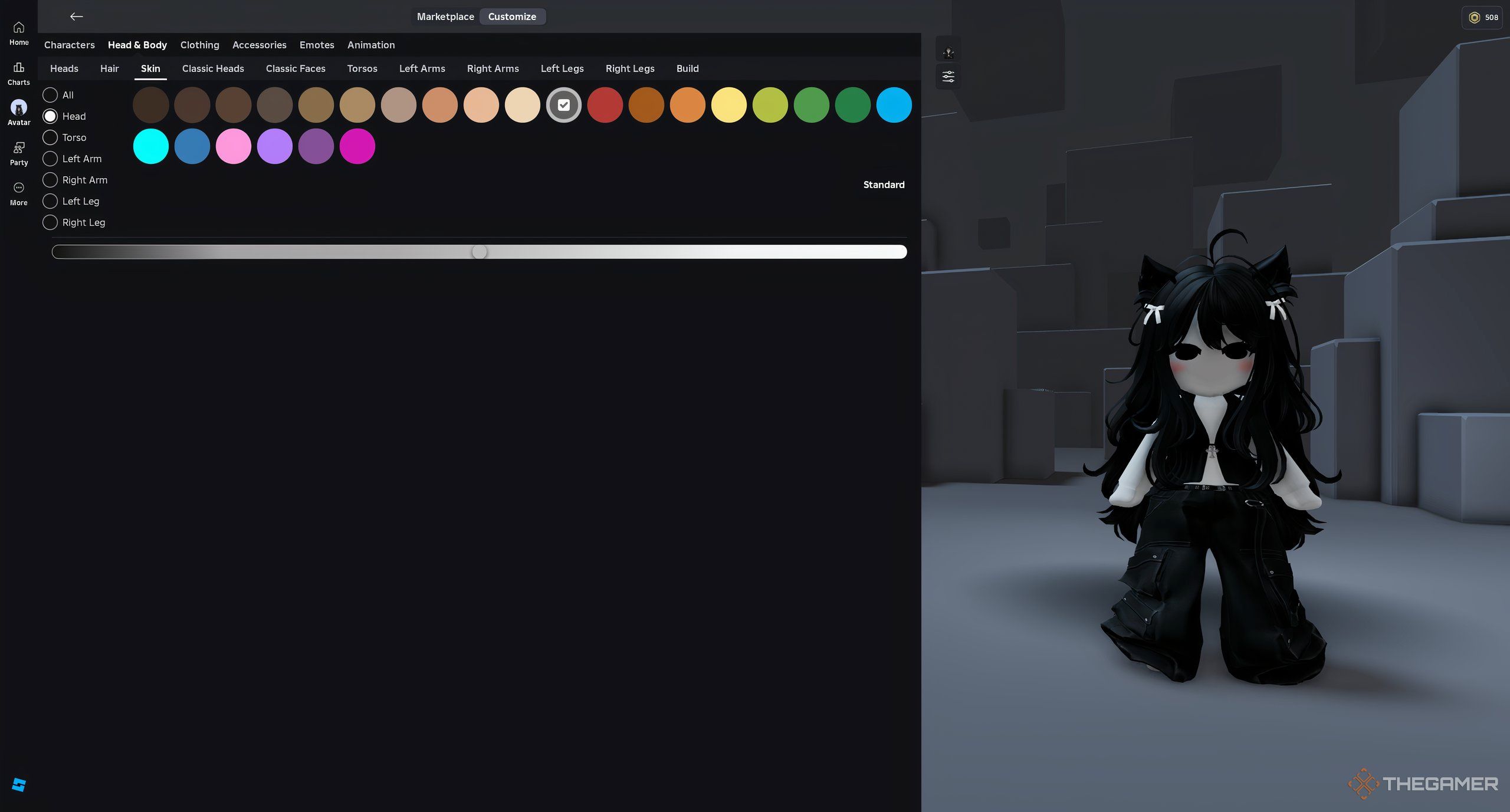 This Roblox character is customizing her head color to match the rest of her body except the torso.