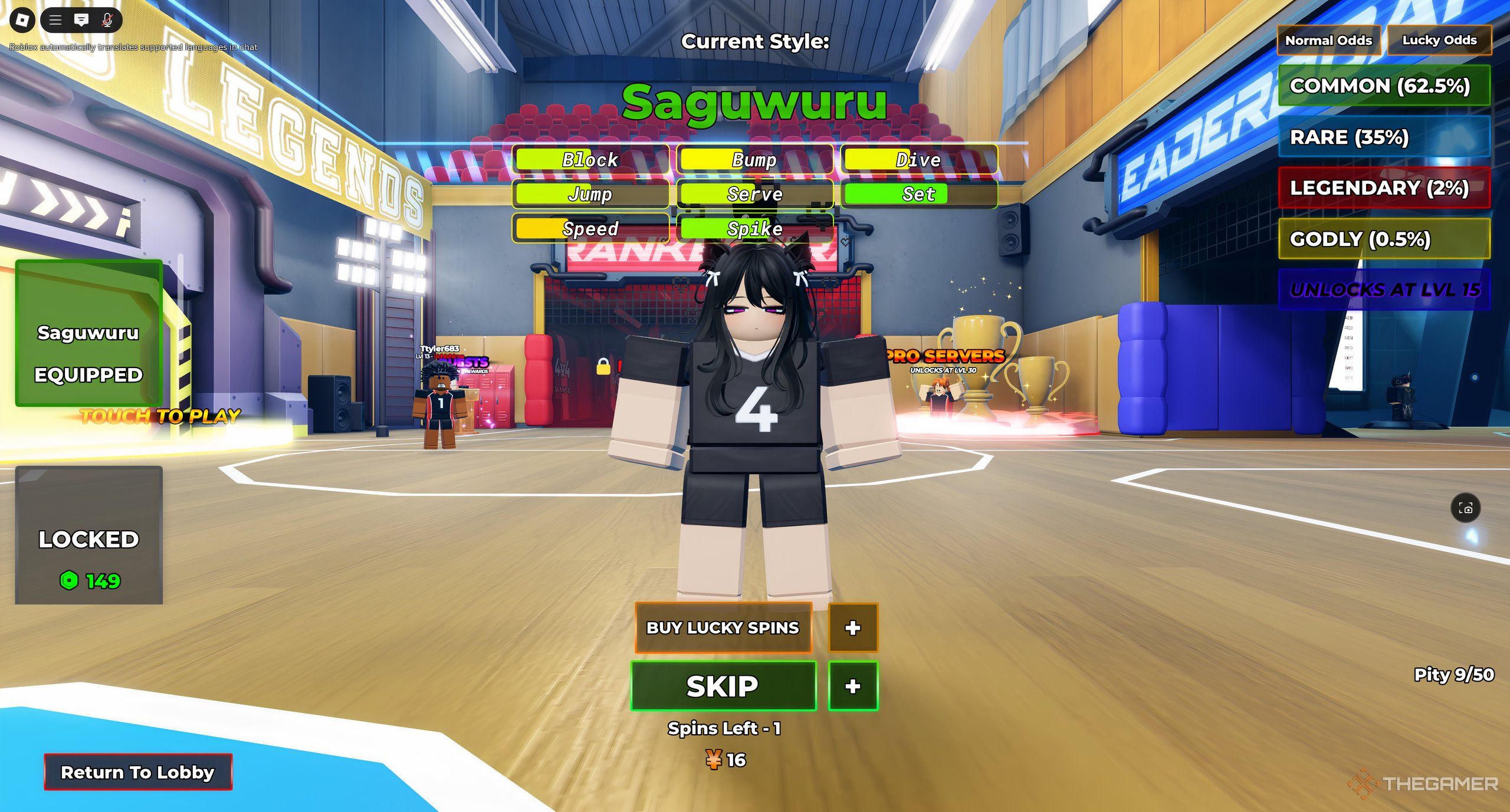 A player in Roblox: Volleyball Legends rolled for the Saguwuru style.