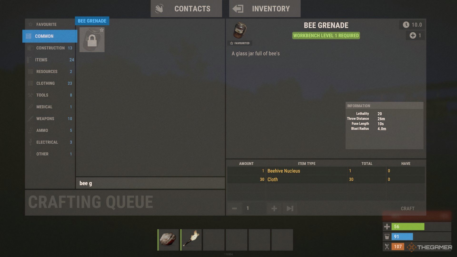 Rust Bee Grenade menu with all the ingriedents needed. At the bottom is the action bar showing a stone and a torch. On the right hand side there is bar for health, hydration, and hunger.